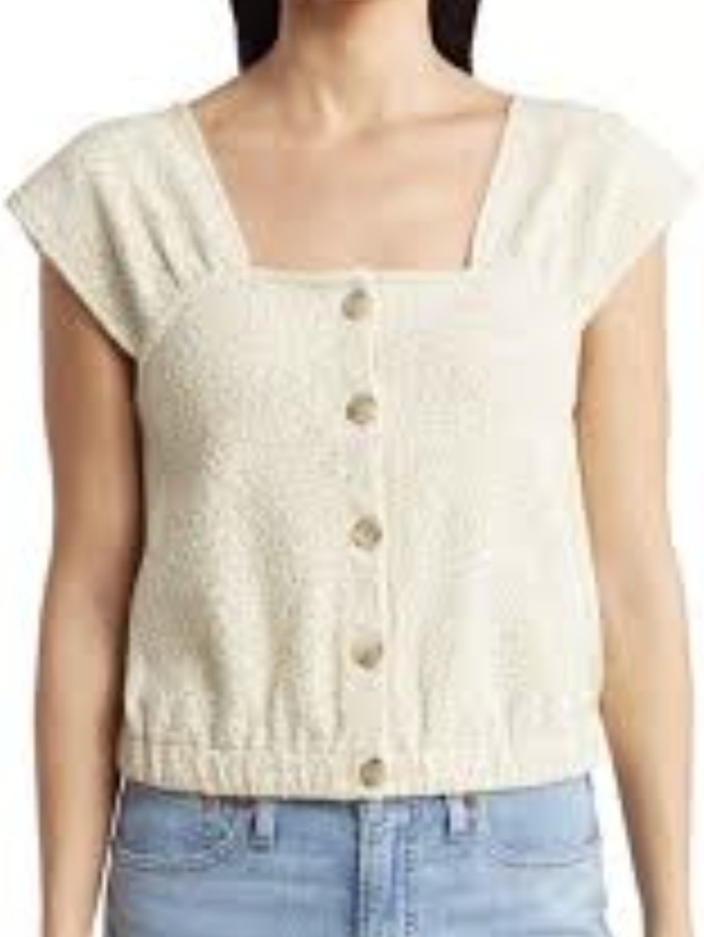 Madewell Crinkleknit Button Front Tank Top Cream Green Petite Floral Medium